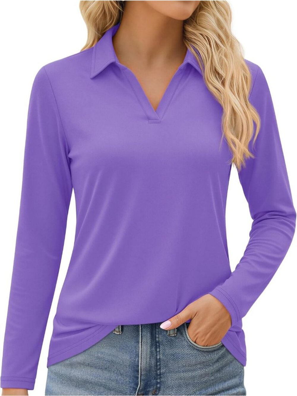 Women's Light Purple V Neck UPF 50+ Long Sleeve Polo Shirt Quick Dry Workout Top